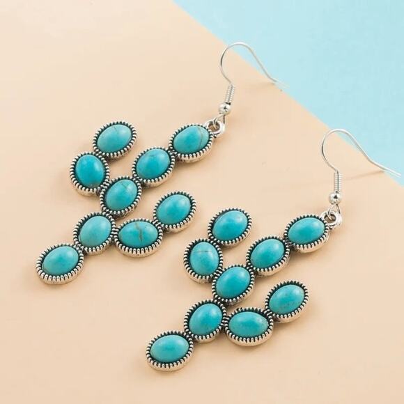 NEW Boho Turquoise Beaded Cactus Drop Earrings French Wire Hook Clay Drop A0138 - Picture 1 of 15